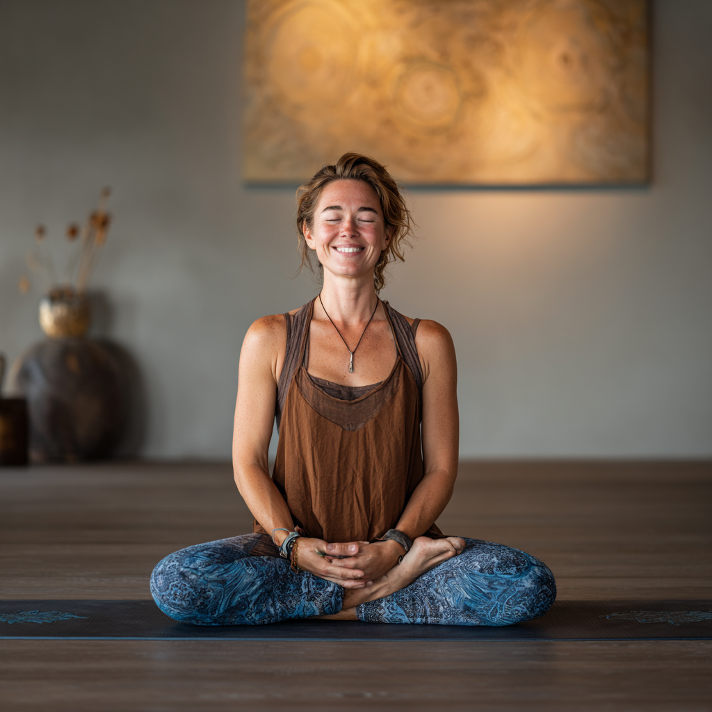 Усміхнена жінка європейської зовнішності 35 років у зручному спортивному одязі виконує позу йоги на килимку у світлій студії, демонструючи силу та гармонію