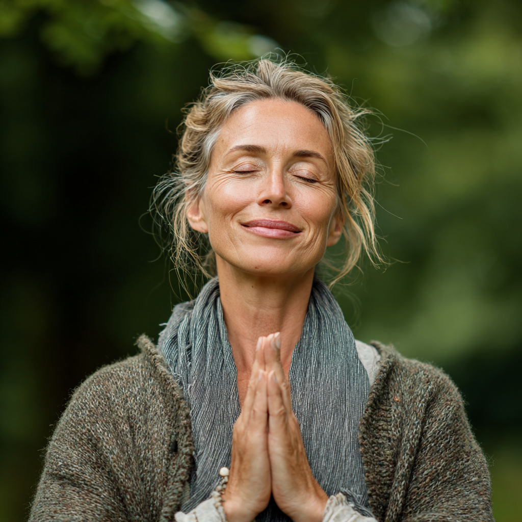 Група людей європейської зовнішності різного віку від 25 до 45 років виконують синхронні вправи йоги у світлій студії, всі усміхаються та демонструють концентрацію