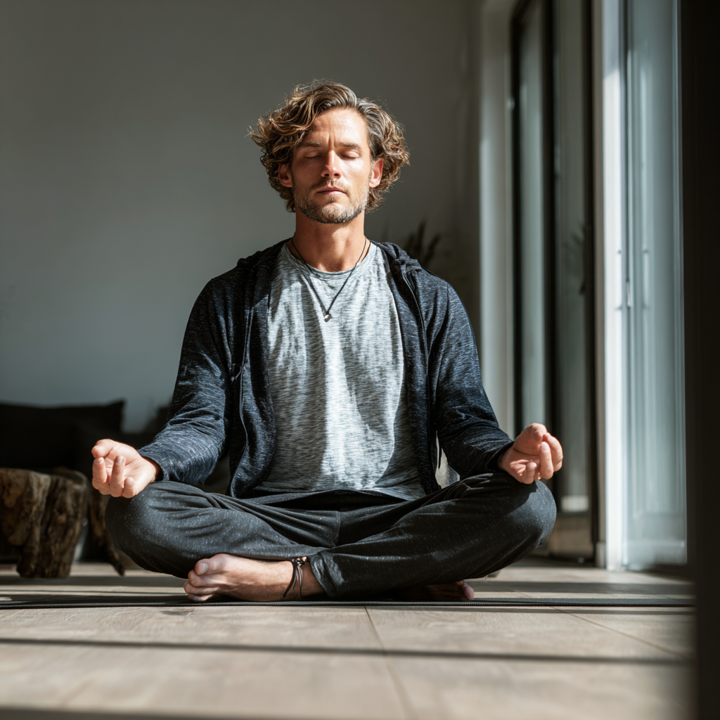 Професійний інструктор йоги європейської зовнішності віком 35 років демонструює правильну техніку дихання та медитації в сучасній студії з натуральним освітленням, усміхаючись і показуючи спокій